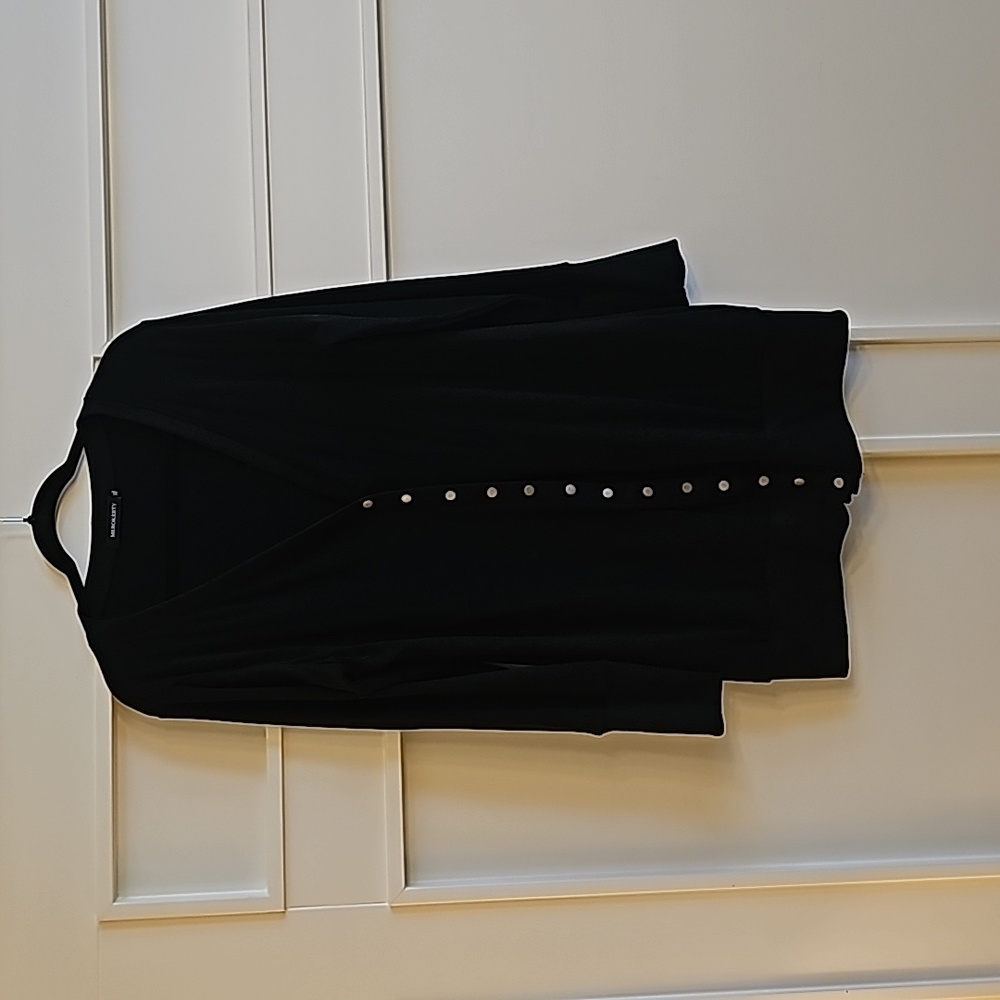 Women's Black, Hip-length, snap, cardigan rayon/spandex/polyester sweater
